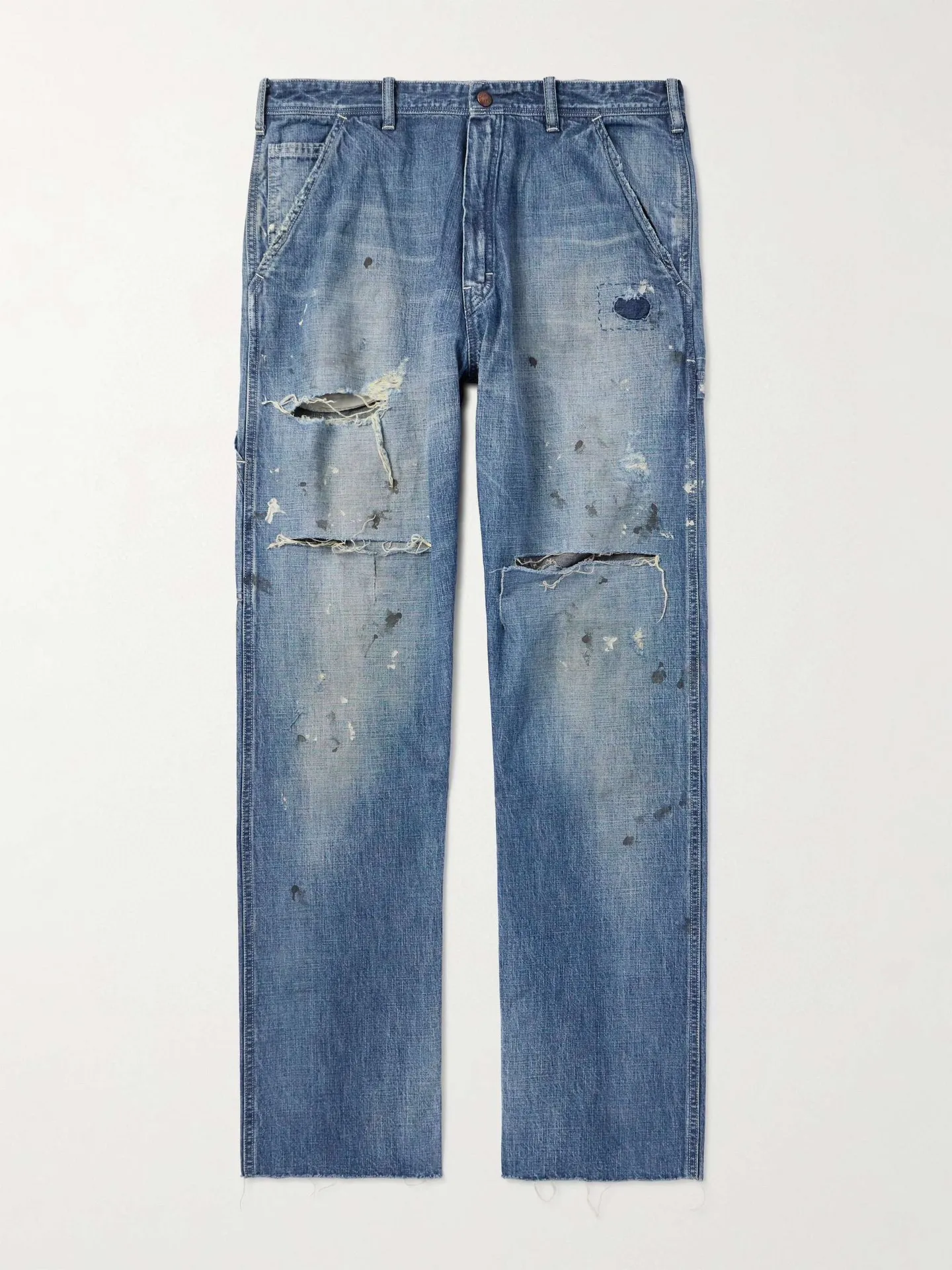 SAINT Mxxxxxx SAINT_DENIM PANTS/PAINTER /BLUE Logging trousers with knife-cut holes and splashed ink. Patch jeans. Blue S-XL. All accessories are molded and customized. Super heavy work. Washed and distressed. Knife-cut holes. Artificial splashed ink graffiti. Authentic version. Loose and stylish.